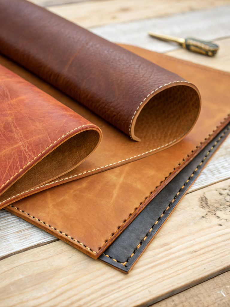 Premium Italian leather hides, the foundation of our enduring craftsmanship and unmatched durability.