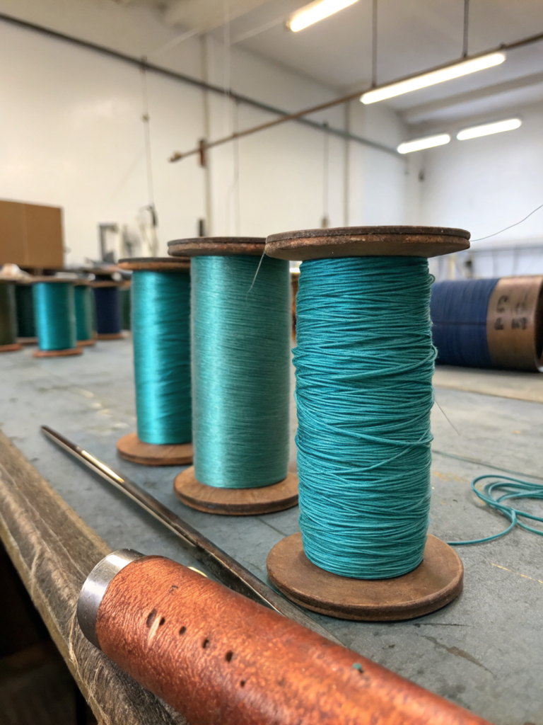 Signature teal-colored thread, providing both striking contrast and resilient structural integrity.